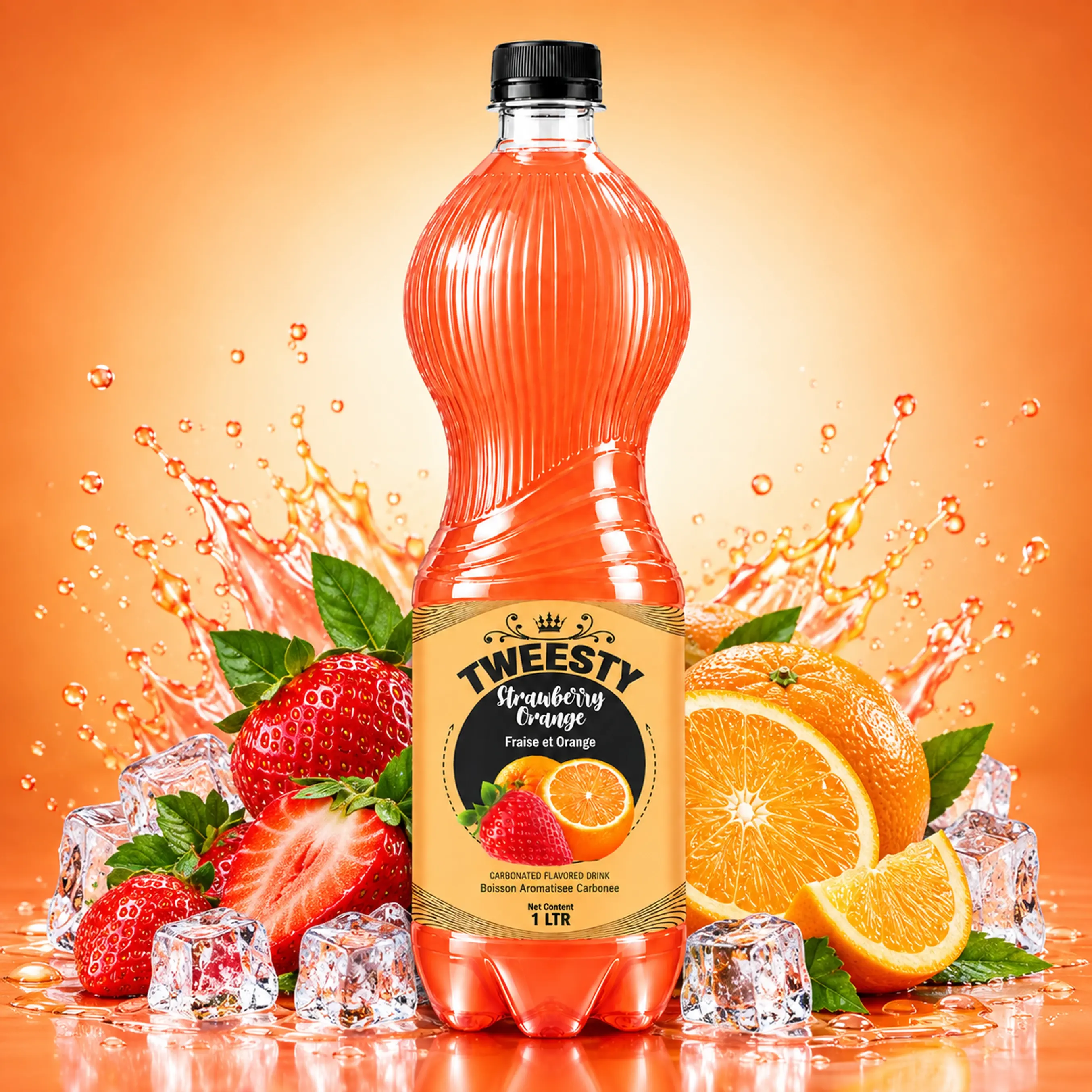 TWEESTY Strawberry Orange 1L PET bottle with strawberries, oranges and ice.